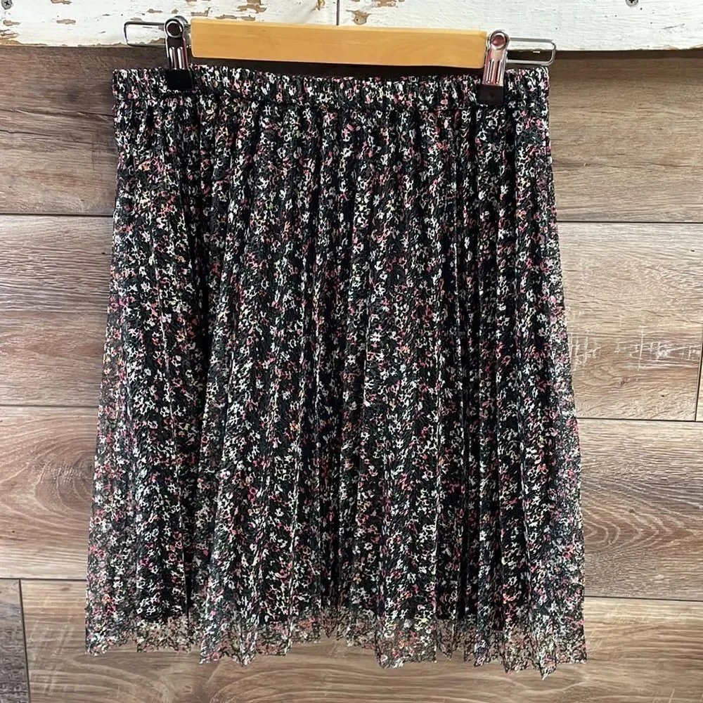 ELLE Womens Skirt Pleated A Lined Lace  Cottagecore FairyGoth Floral Black Sz XS